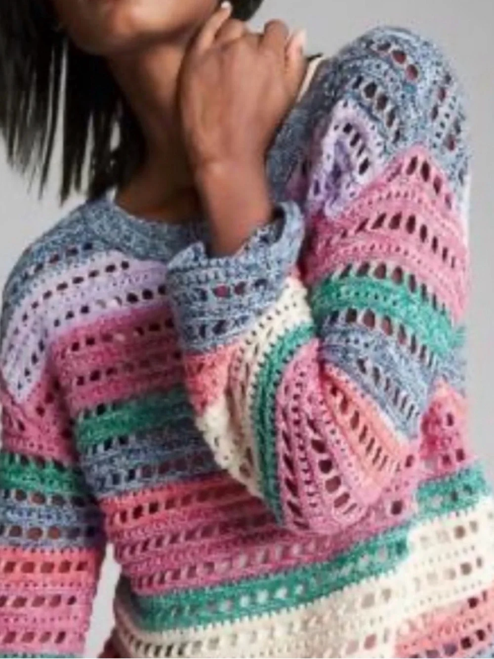 GAP Wide Sleeve Crochet 100% cotton Crew Sweater in Pink Multi XL